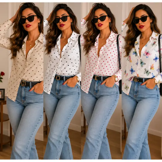 Camisa Feminina Estampada Corações Manga Longa