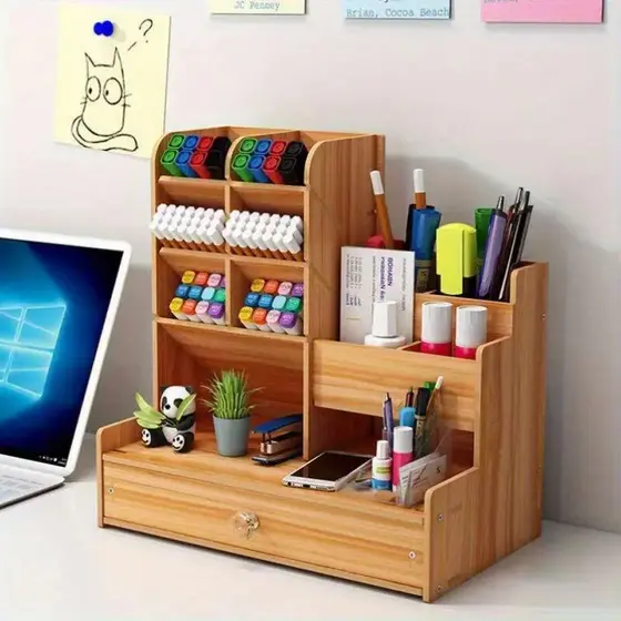 Organizador De Mesa  Escritório Multiuso C/ Gaveta Nicho Canetas