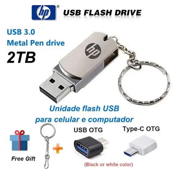 HP Unidade Flash Drive USB 3.0 Pendrive 2TB Metal Flash Drive Impermeável Armazenamento Grande Capacidade