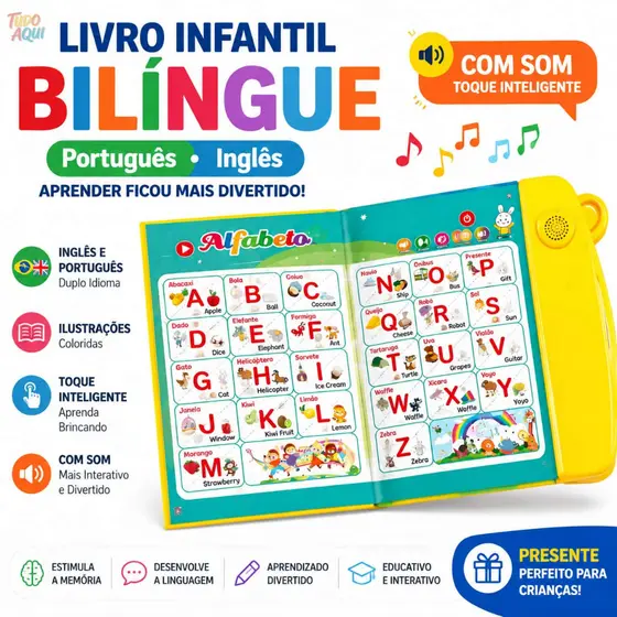 Livro Interativo com Som Bilíngue Português-Inglês Educacional  TUDO