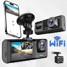 Câmera Veicular Full HD 1080p 3 Lentes (Frontal + Interna + Traseira) com Tela LCD | DVR Automotivo com Visão Noturna