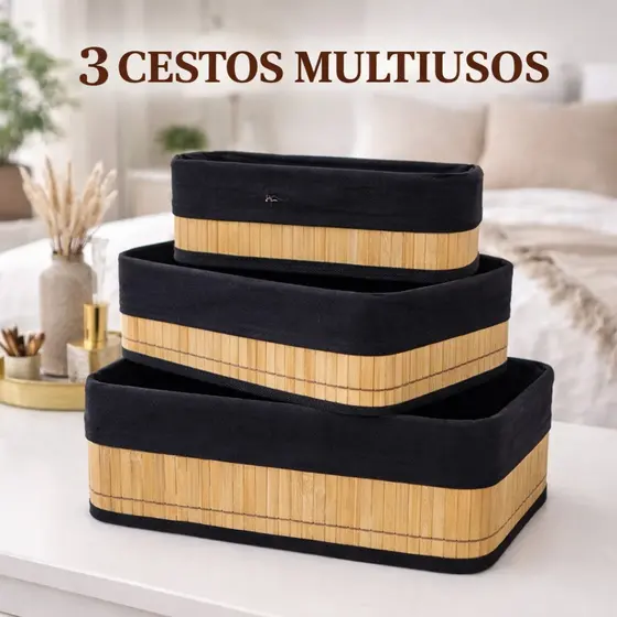 Kit Cestos De Bambu Organizadores C/ Forro Preto P/M/G - Já Montado