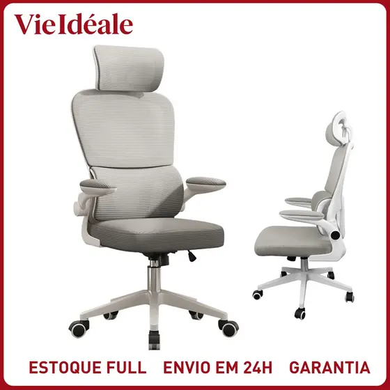 Cadeira de Escritório Ergonômica Com Apoio Lombar e Apoio de Cabeça Cinza com estofado de mesh