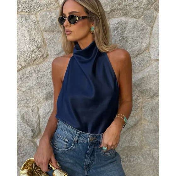 Blusa Frente Única Costa Nua Feminino Tendência Blogueirinha Gola Alta Acetinada Elegante