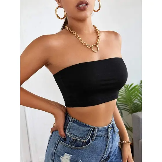 Cropped Top Faixa Tomara que Caia sem Bojo Preto Blogueira Tendência