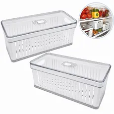 Kit com 2 Organizadores de Geladeira Grandes Clear 6,8L com Cesto de Drenagem e Tampa