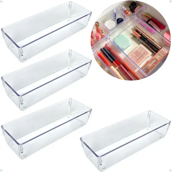 Kit 4 Organizadores Retangulares Multiuso para Gavetas – Acrílico Cristal e Fumê
