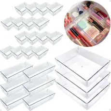Kit 25 Organizadores Multiuso Modulares para Gavetas e Geladeira em Acrílico Cristal