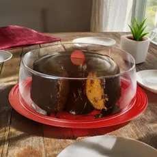 Boleira Porta Bolo Redonda 31cm com Tampa Acrílica Transparente Base Vermelha