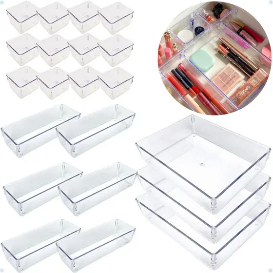 Kit 21 Organizadores de Gaveta Modular Acrílico Transparente Multiuso
