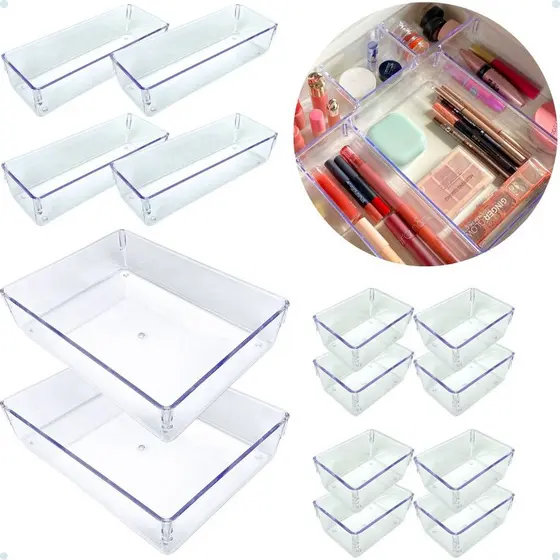 Kit com 14 Organizadores de Gaveta Modular em Acrílico Transparente – Multiuso
