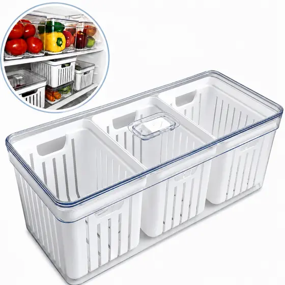 Organizador de Geladeira Grande Transparente 6,8L com 3 Cestos de Drenagem e Tampa