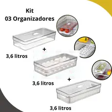 Kit 3 Organizadores de Geladeira 3,6L c/ tela + 3,6L c/ tela de ovo + 3,6L c/ cesto - Plastutti