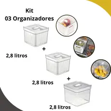 Kit 3 Organizadores de Geladeira 2,8L c/ Cesto + 2,8L c/ Cesto + 2,8L  c/ Tela  - Plastutti
