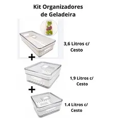 Kit 3 Peças Organizador de Geladeira Transparente com 1,4lts, 2lts e 3,6lts com Cesto - Plastutti