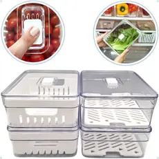 Kit com 4 Organizadores de Geladeira com Tela/Cesto e Tampa com Controle de Ventilação - 2 Litros