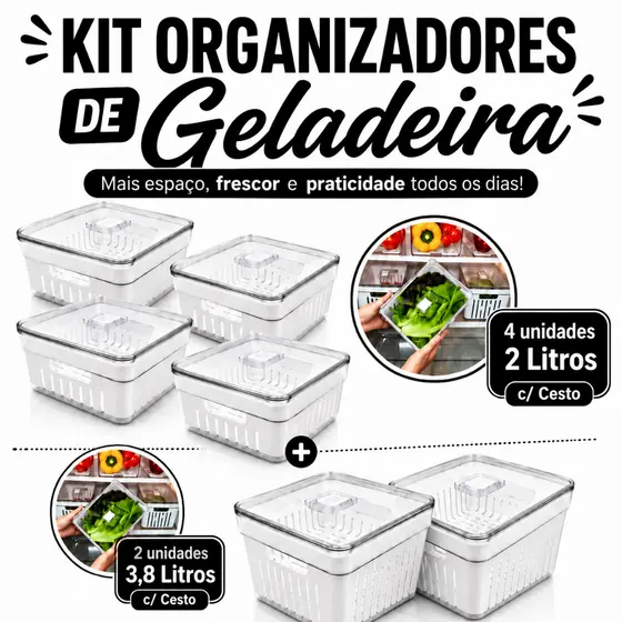 Kit 06 Organizadores de Geladeira com Tampas e Cesto de Drenagem em Polipropileno 3,8lts/2 e 2 lts/4