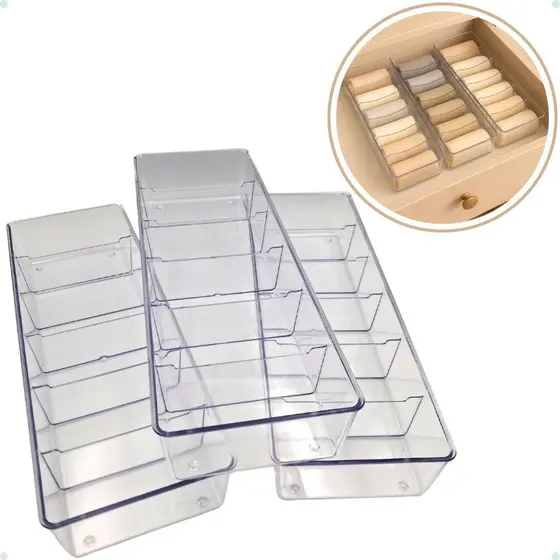 Kit 3 Organizadores de Gaveta com 6 Divisórias – Acrílico Multiuso para Roupas e Acessórios