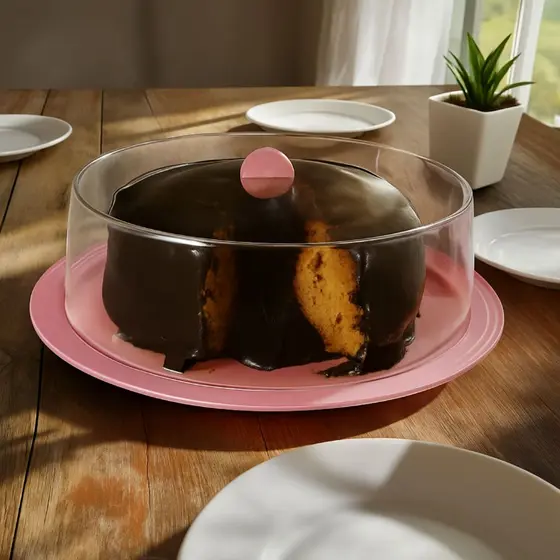 Boleira Porta Bolo Redonda 31cm com Tampa Acrílica Transparente Base Rosê