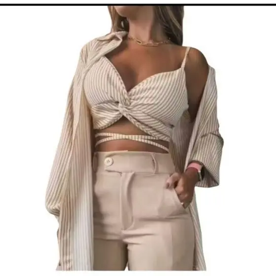 Top e Blusao  Saida De  Praia Conjunto De Dois Pecas Listrado