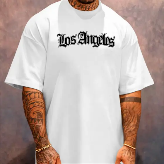 Camiseta Oversized Streetwear Masculina Gola Alta Los Angeles Tatto Grafite Gangster
