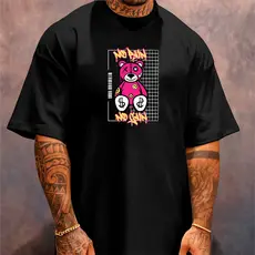 Camiseta Oversized Streetwear Masculina Gola Alta Estampa Grande Urso Academia Pain No Gain Treino