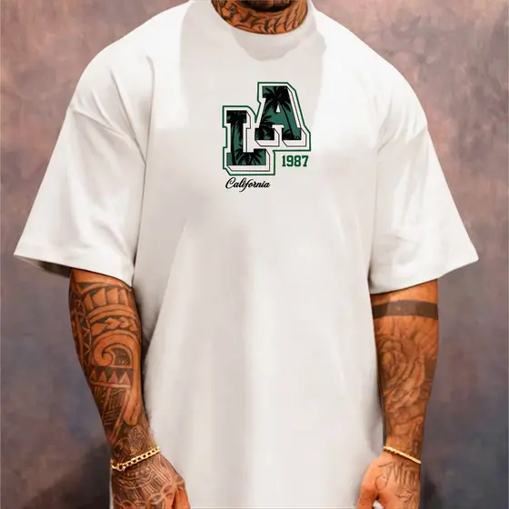 Camiseta Oversized Streetwear Masculina Gola Alta Los Angeles Algodão