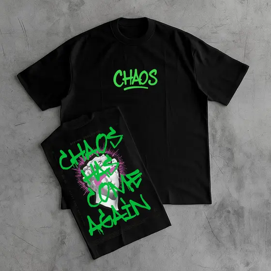 Camiseta Oversized 100% algodão Malha Premium StreetWear Gola Alta Chaos Grafite Estampada