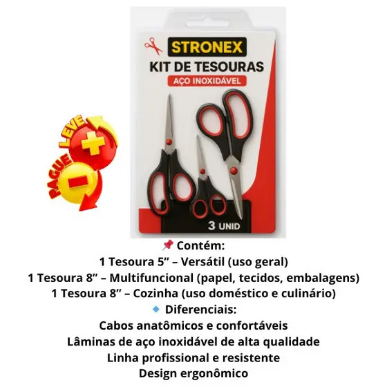KIT 3 TESOURAS COZINHA AÇO INOX MULTIUSO TESOURA DE INOX ESCOLAR KITS PRATICOS TESOURAS VERMELHA CASA COSTURA, REFORÇADA