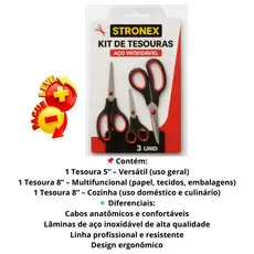 KIT 3 TESOURAS COZINHA AÇO INOX MULTIUSO TESOURA DE INOX ESCOLAR KITS PRATICOS TESOURAS VERMELHA CASA COSTURA, REFORÇADA