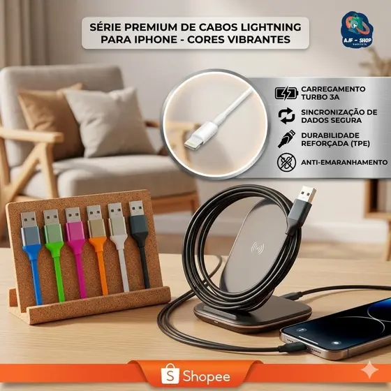 Cabo Carregador Lightning Turbo 1.2M Colorido Emborrachado Reforçado Celular iPhone 11 12 13 14 15