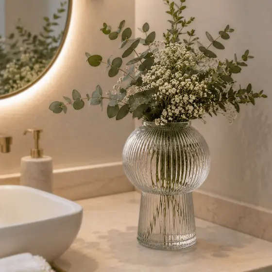 Vaso de Vidro Canelado 17 cm Lines Transparente Wolff - Decoração Sala Escritorio Plantas Flores