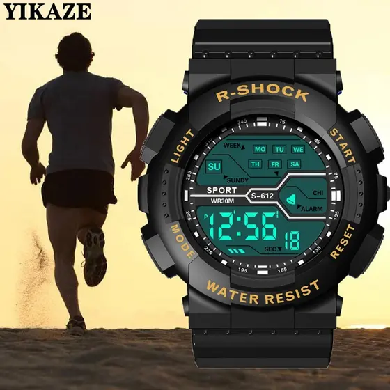 YIKAZE - Relógio esportivo PRETO multifunções masculino digital LED mostrador grande impermeável luminoso eletrônico