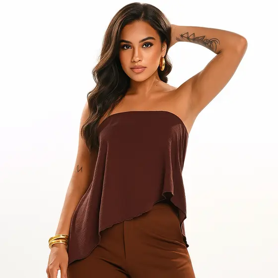 Blusa bata assimétrica boho chic tomara que caia crepe moda blogueira super tendencia roupas feminina
