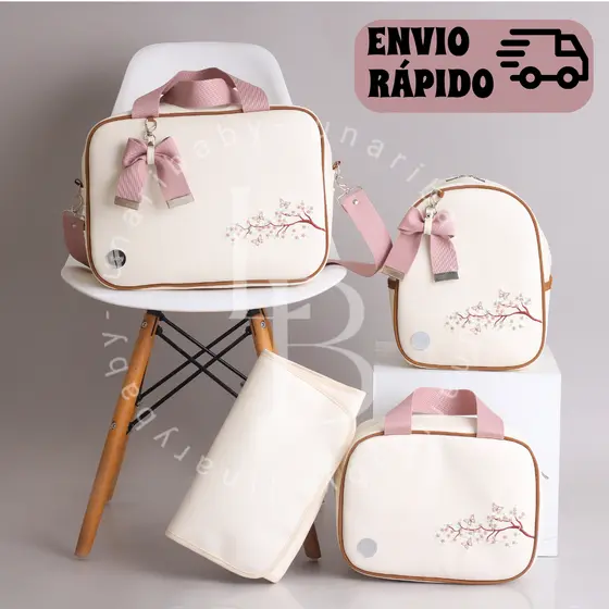Bolsa Maternidade kit com 4 Peças impermeável Bordado Menina/Menino trocador