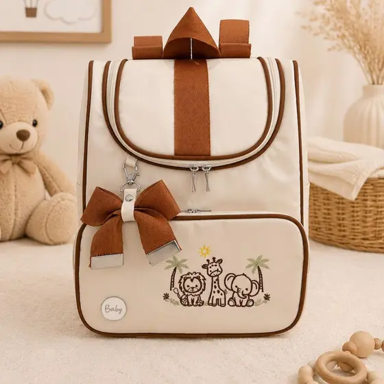 Mochila Maternidade Multifuncional Impermeável Bordado de Flor e Leãozinho Menina/Menino
