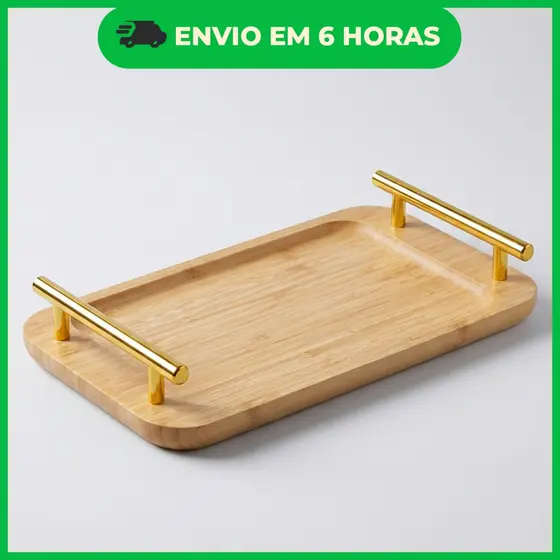 Bandeja retangular de Bambu - Alça dourada 31cmx15,7cm