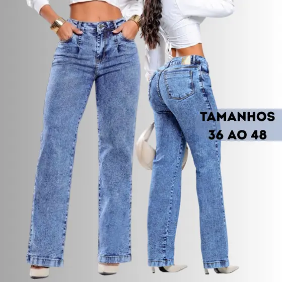 Calça Jeans Feminina Wide Leg Marmorizada Cintura Alta Com Elastano Premium LUXO