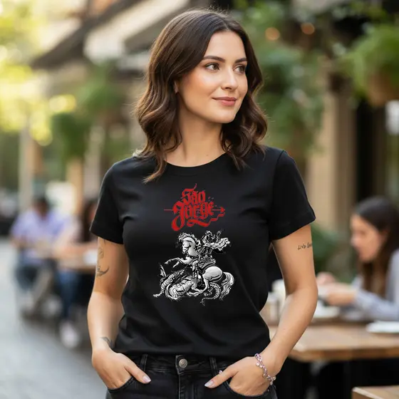 Camiseta Baby Look 100% Algodão Feminina Estampa Religiosa São Jorge Ótima Qualidade