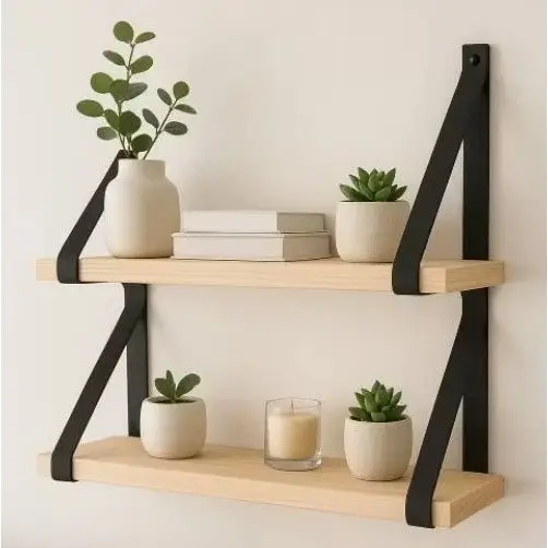 Kit com Prateleiras de Madeira Pinus Suspensas por Tiras Decoração para Casa Quarto Banheiro Cozinha 40cm ou 60cm