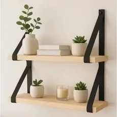 Kit com Prateleiras de Madeira Pinus Suspensas por Tiras Decoração para Casa Quarto Banheiro Cozinha 40cm ou 60cm