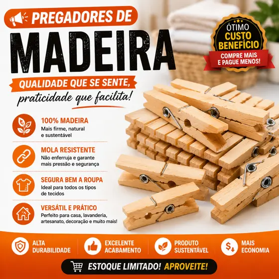 Kit Pregadores de Madeira para Roupas Resistente Mola Reforçada Pacote 60, 96, 120, 180, 240, 300