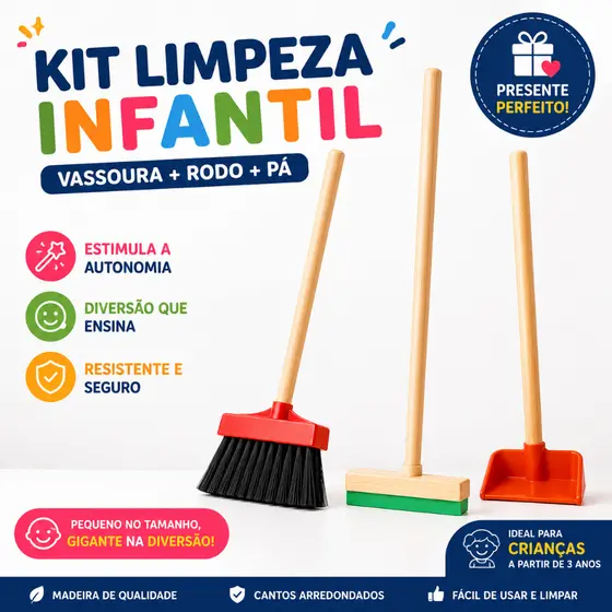 Kit Brinquedo Limpeza Infantil com Vassoura Rodo e Pá Educativo Montessori | Estimula Autonomia e Coordenação