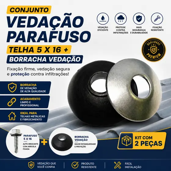 Kit Vedação Parafuso Telha 5x16 - Arruela Metálica + Borracha de Vedação