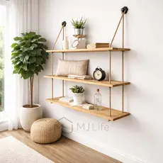 Prateleira 1M Suspensa com Corda de Sisal em Madeira Pinus Natural com 3 andares