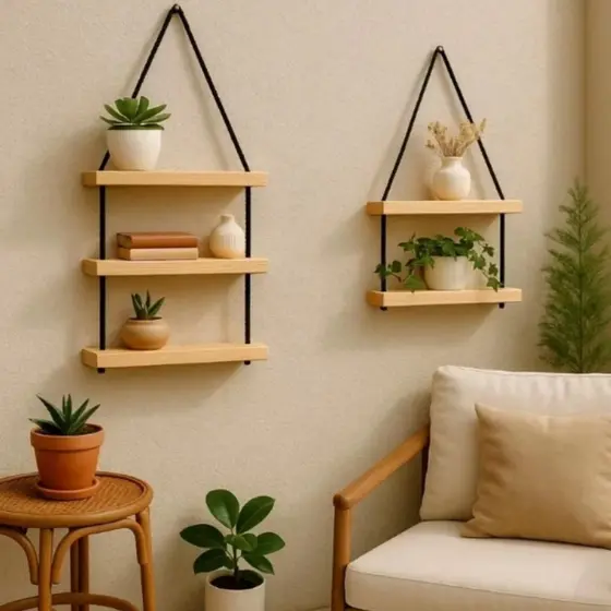 Prateleiras de Madeira Pinus Penduradas Cordinha com 3 Andares Decorativa para Casa 35cm