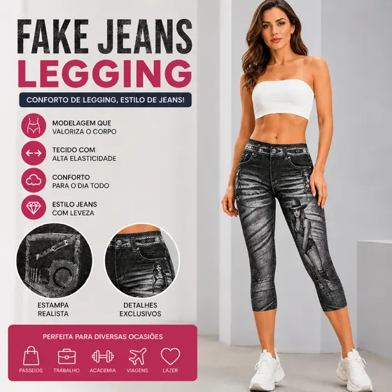 Calça Fake Jeans Legging Feminina Tamanho Unico Capri Estampada Cintura Alta Modeladora Confortável
