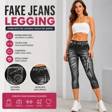 Calça Fake Jeans Legging Feminina Tamanho Unico Capri Estampada Cintura Alta Modeladora Confortável
