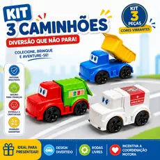 Kit 3 Caminhões Carrinho Infantil Brinquedo Educativo | Caminhão Basculante + Caminhão Lixo + Ambulância | Rodas Livres