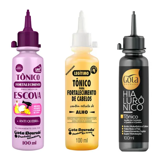Kit Tônicos Capilares Gota Dourada  - Tradicional, Hialurônico e Escova